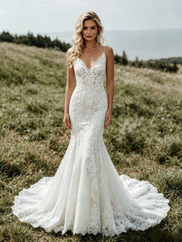 White Mermaid Lace Spaghetti Straps Wedding Dress
