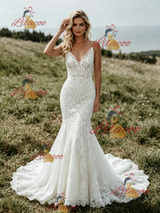 White Mermaid Lace Spaghetti Straps Wedding Dress
