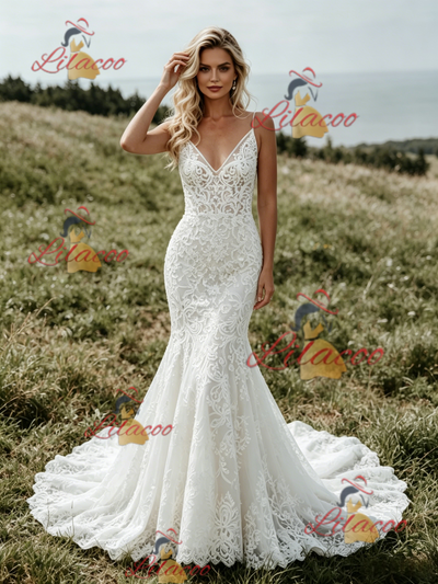 White Mermaid Lace Spaghetti Straps Wedding Dress