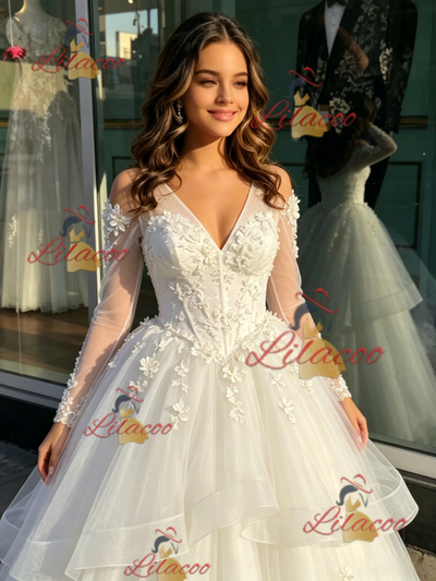 White Tulle V-neck Long Sleeve Appliques Quinceanera Dress