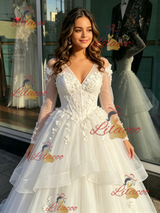 White Tulle V-neck Long Sleeve Appliques Quinceanera Dress