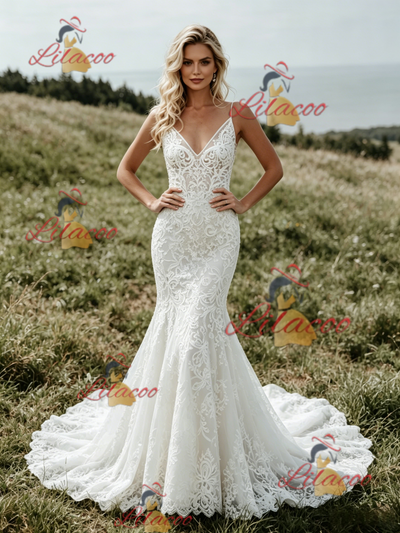 White Mermaid Lace Spaghetti Straps Wedding Dress