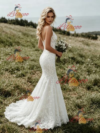 White Mermaid Lace Spaghetti Straps Wedding Dress