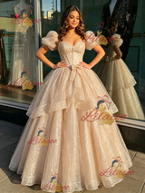 Champagne Sequins Puff Sleeve Quinceanera Dress
