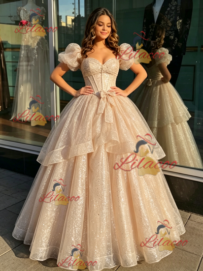 Champagne Sequins Puff Sleeve Quinceanera Dress