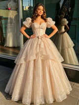 Champagne Sequins Puff Sleeve Quinceanera Dress