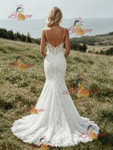 White Mermaid Lace Spaghetti Straps Wedding Dress