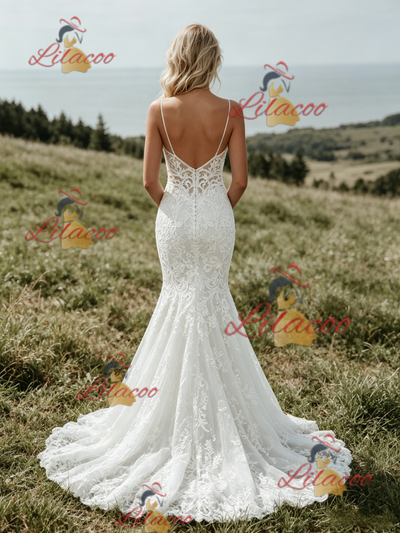 White Mermaid Lace Spaghetti Straps Wedding Dress