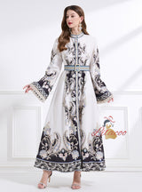Palace Retro Trumpet Sleeve Printed Long Dress