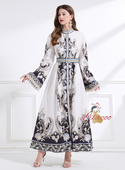 Palace Retro Trumpet Sleeve Printed Long Dress