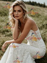 White Mermaid Lace Spaghetti Straps Wedding Dress