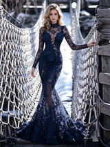 Sexy Navy Blue Mermaid Lace Prom Dress