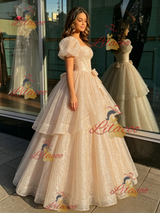 Champagne Sequins Puff Sleeve Quinceanera Dress