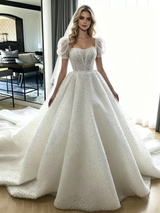 White Ball Gown Puff Sleeve Wedding Dress