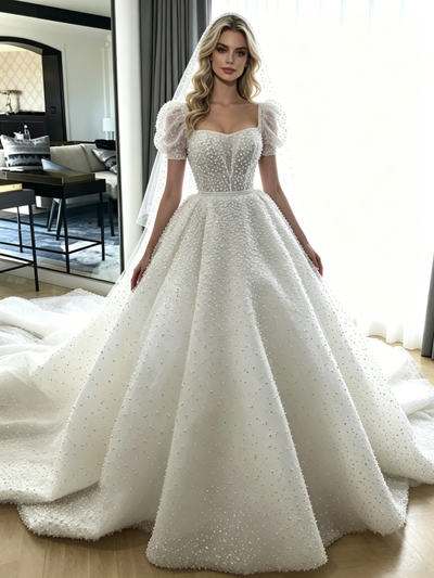 White Ball Gown Puff Sleeve Wedding Dress
