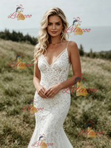 White Mermaid Lace Spaghetti Straps Wedding Dress