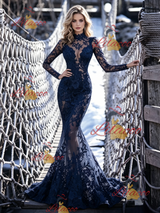 Sexy Navy Blue Mermaid Lace Prom Dress