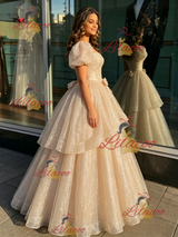 Champagne Sequins Puff Sleeve Quinceanera Dress