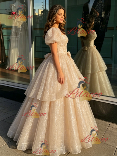 Champagne Sequins Puff Sleeve Quinceanera Dress