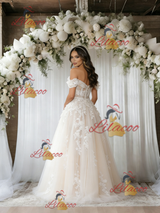 Beige White Lace Off the Shoulder Appliques Wedding Dress