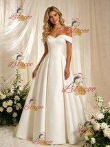 Beige White Satin Off the Shoulder Wedding Dress