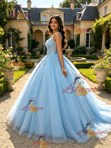 Blue Tulle Straps Appliques Quinceanera Dress