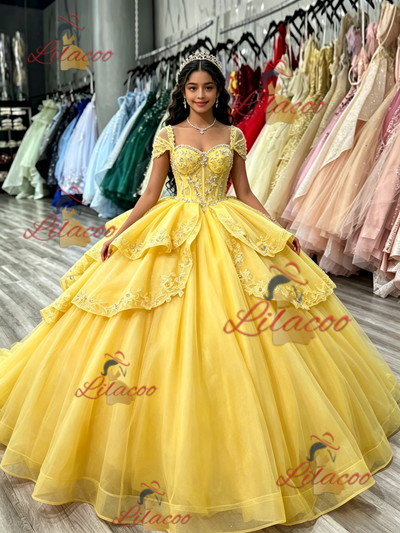 Yellow Tulle Appliques Beading Quinceanera Dress
