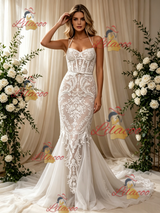 White Mermaid Lace Spaghetti Straps Wedding Dress