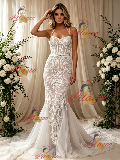 White Mermaid Lace Spaghetti Straps Wedding Dress