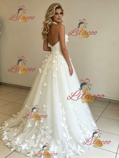 White Tulle Halter Butterfly Wedding Dress