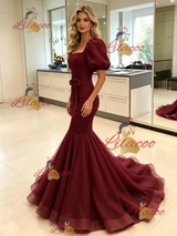 Burgundy Mermaid Tulle Puff Sleeve Prom Dress