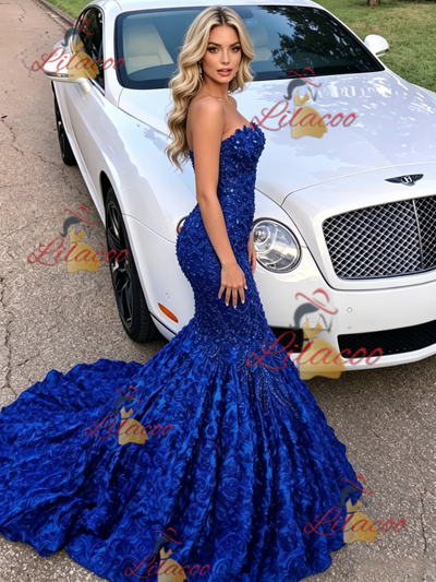 Navy Blue Mermaid Strapless Prom Dress