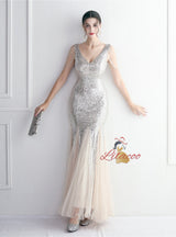 Tulle Sequins V-neck Beading Prom Dress