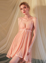 Deep V Suspender Bow Mesh Lace Nightdress