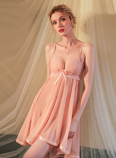 Deep V Suspender Bow Mesh Lace Nightdress