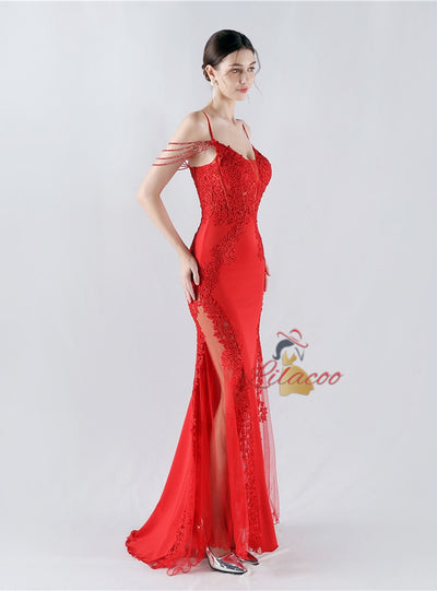 Mermaid Sequins Spaghetti Straps Appliques Prom Dress