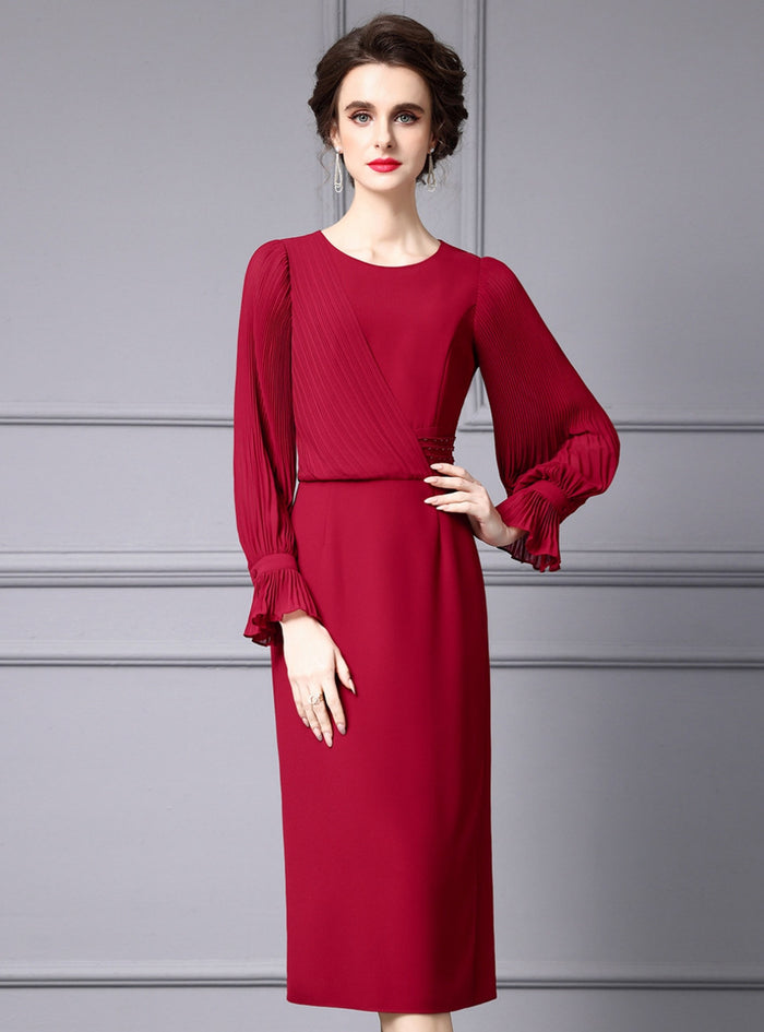Burgundy Long Sleeve Pleats Mother Of The Bride Dress