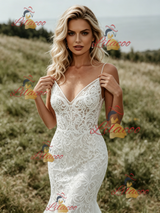White Mermaid Lace Spaghetti Straps Wedding Dress