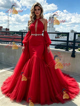 Red Mermaid Halter Tulle Prom Dress
