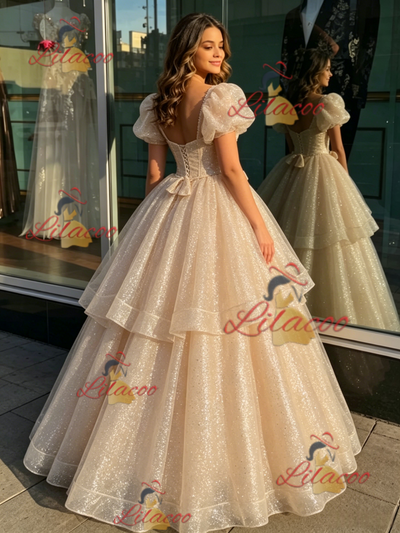 Champagne Sequins Puff Sleeve Quinceanera Dress