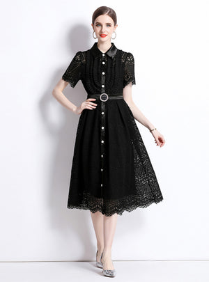 Lapel Crocheted Openwork Lace Dress