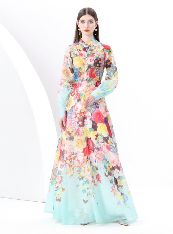 Long Sleeve Retro Print Dress