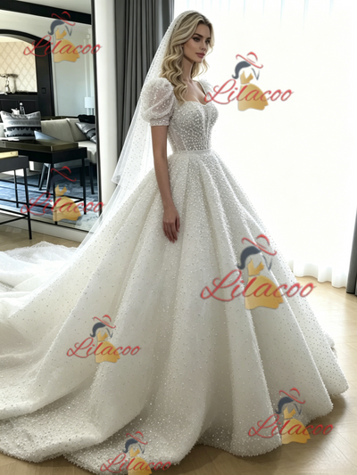 White Ball Gown Puff Sleeve Wedding Dress