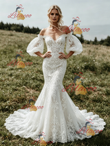 White Mermaid Lace Puff Sleeve Wedding Dress