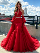 Red Mermaid Halter Tulle Prom Dress