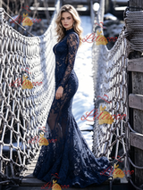 Sexy Navy Blue Mermaid Lace Prom Dress
