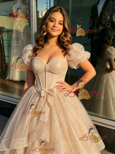 Champagne Sequins Puff Sleeve Quinceanera Dress