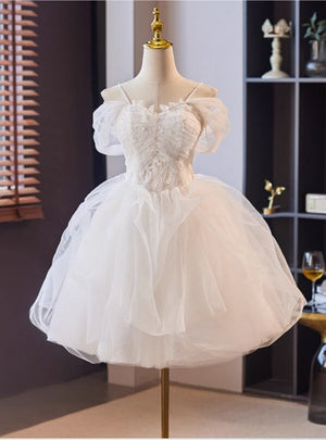 White Tulle Lace Pleats Short Wedding Dress