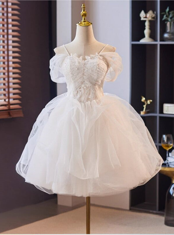 White Tulle Lace Pleats Short Wedding Dress