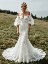 White Mermaid Lace Puff Sleeve Wedding Dress